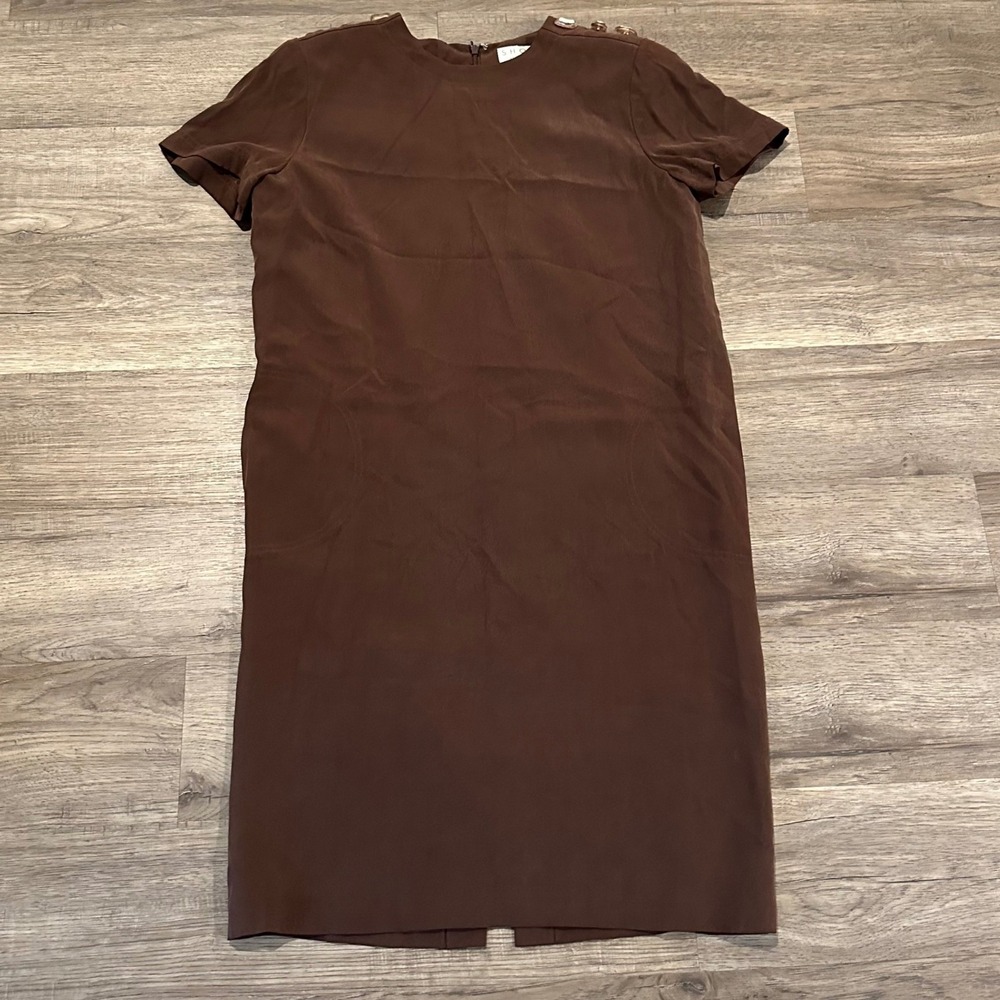 Vintage SHOMI by Miller Shor 100% Silk Dress Size 8 Brown Pocket Sheath 90's